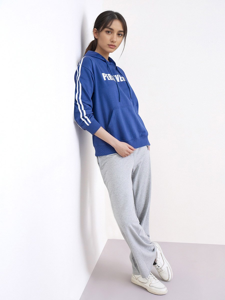 Navy Blue Slogan Print Regular Fit Hoodie 