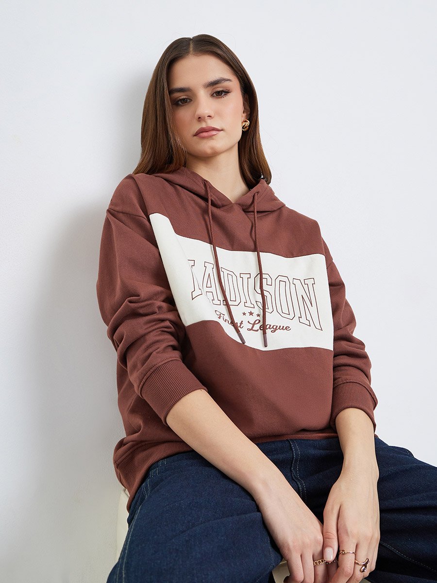 Women Brown Regular Fit Color Block Hoodie