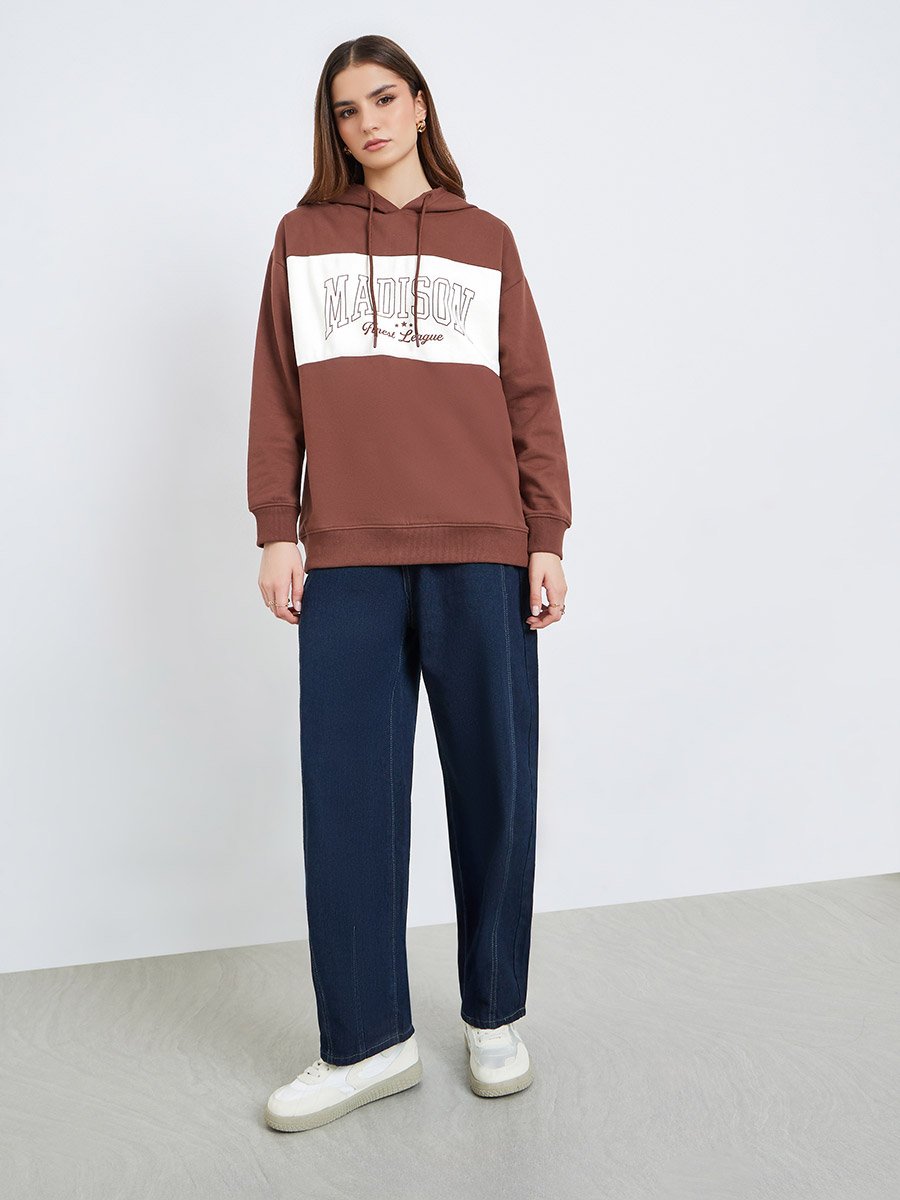 Women Brown Regular Fit Color Block Hoodie
