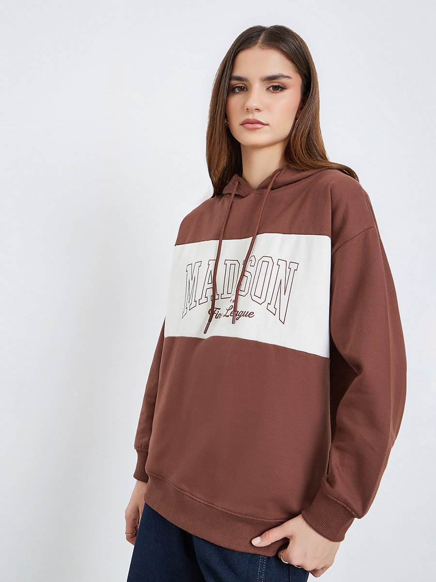 Women Brown Regular Fit Color Block Hoodie