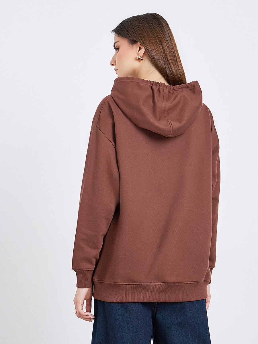 Women Brown Regular Fit Color Block Hoodie