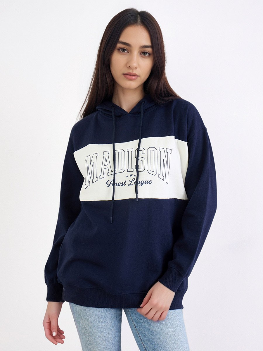 Women Dark Blue Regular Fit Color Block Hoodie