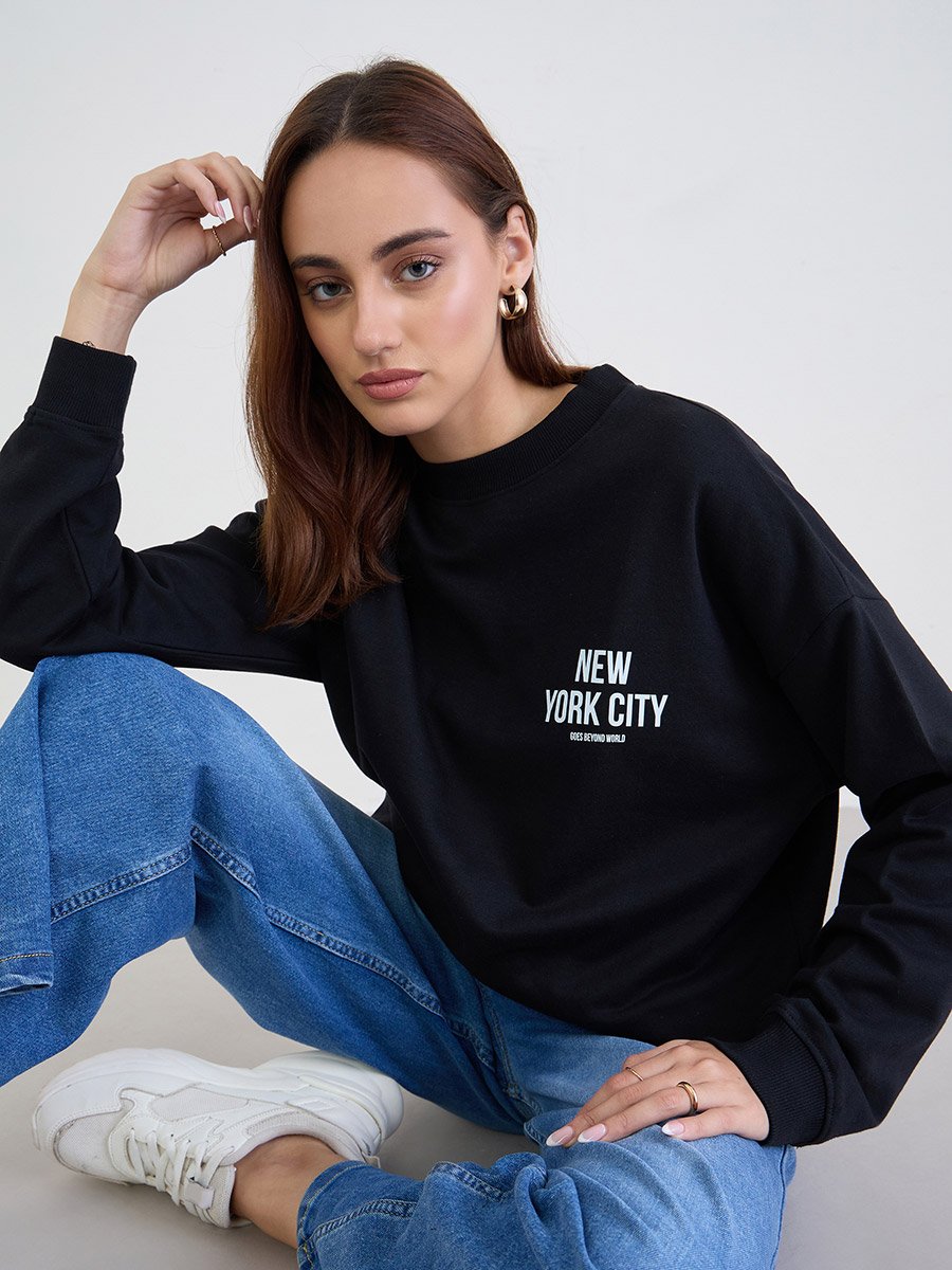 Black Slogan Print Oversized Sweatshirt