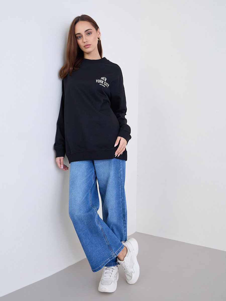 Black Slogan Print Oversized Sweatshirt