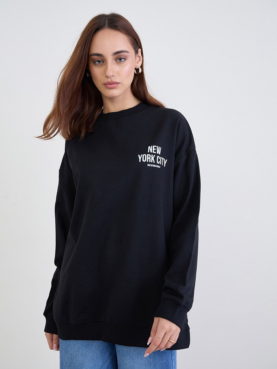 Black Slogan Print Oversized Sweatshirt