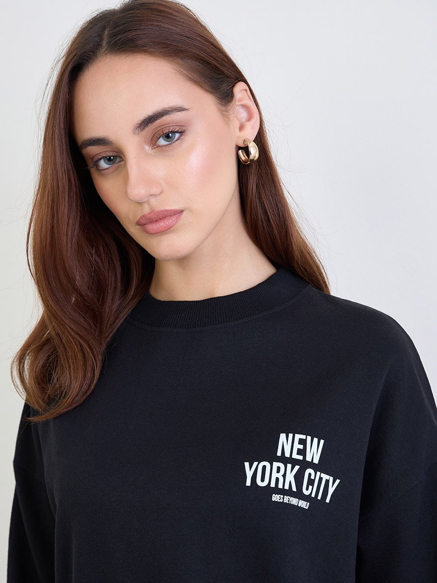Black Slogan Print Oversized Sweatshirt