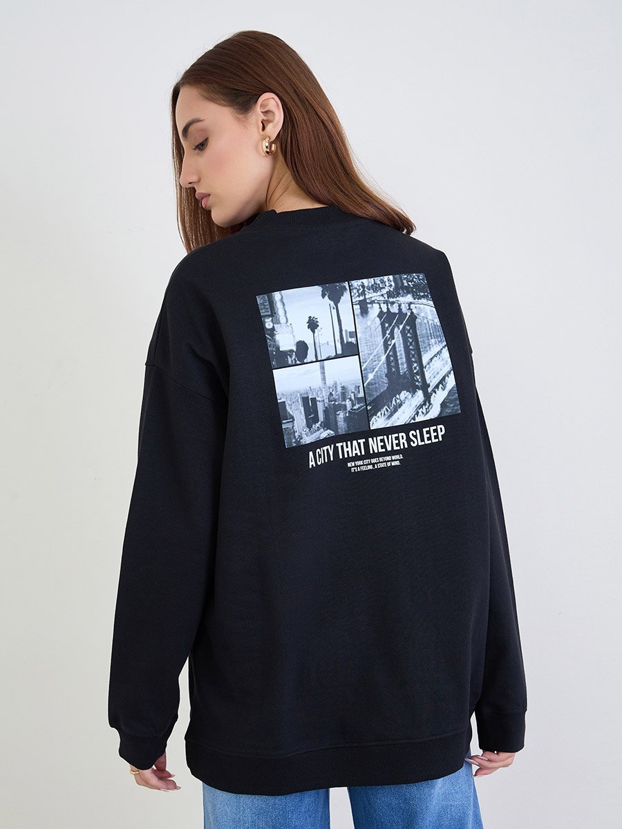 Black Slogan Print Oversized Sweatshirt
