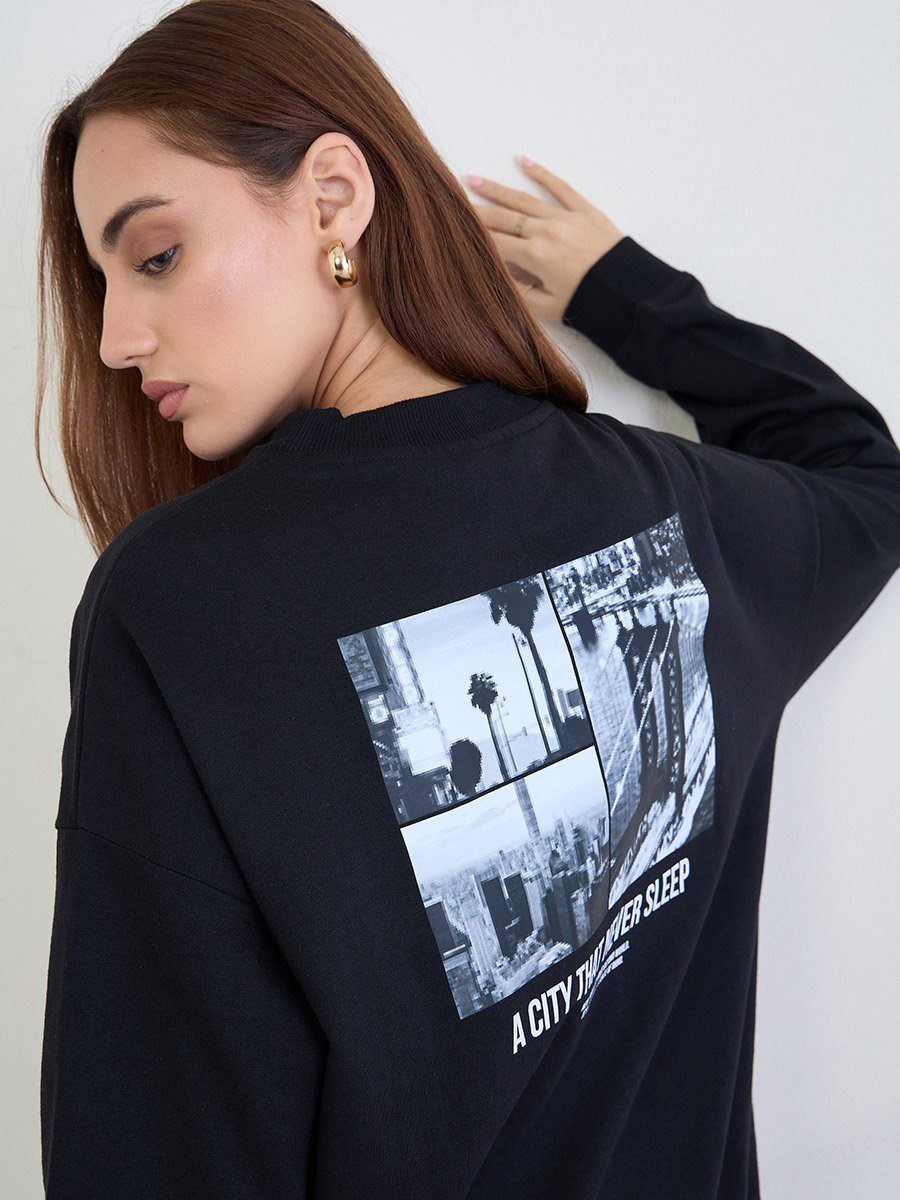 Black Slogan Print Oversized Sweatshirt