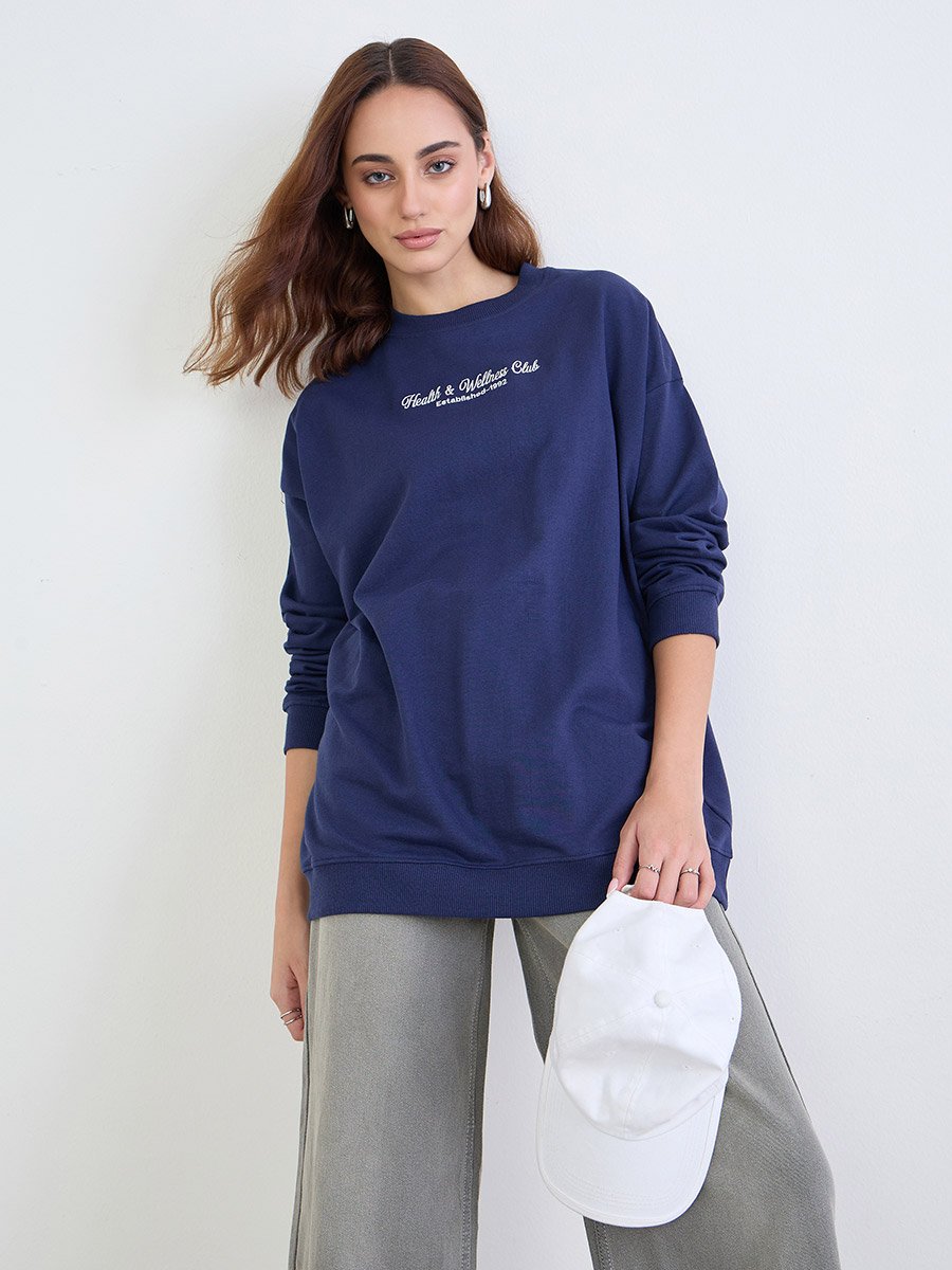 Navy Blue Embroidered Oversized Sweatshirt