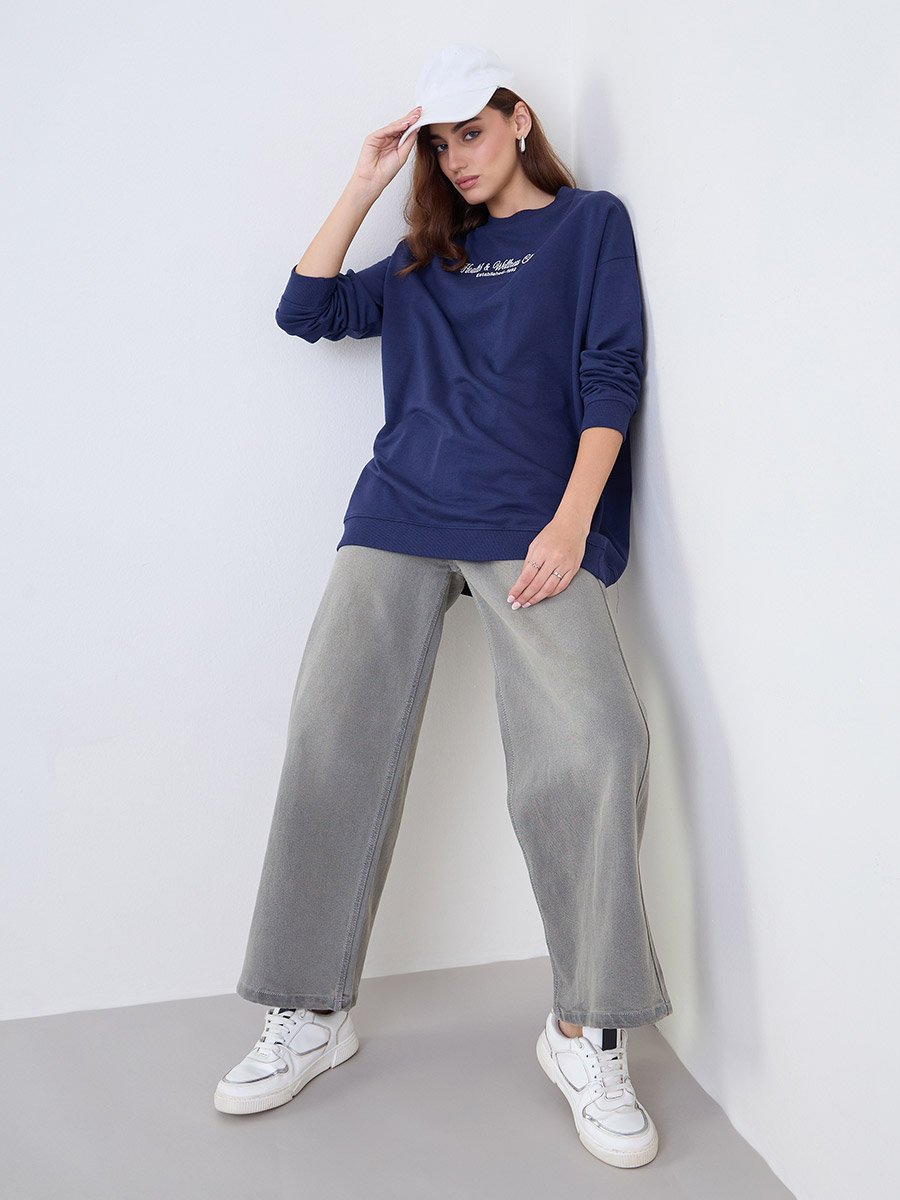 Navy Blue Embroidered Oversized Sweatshirt