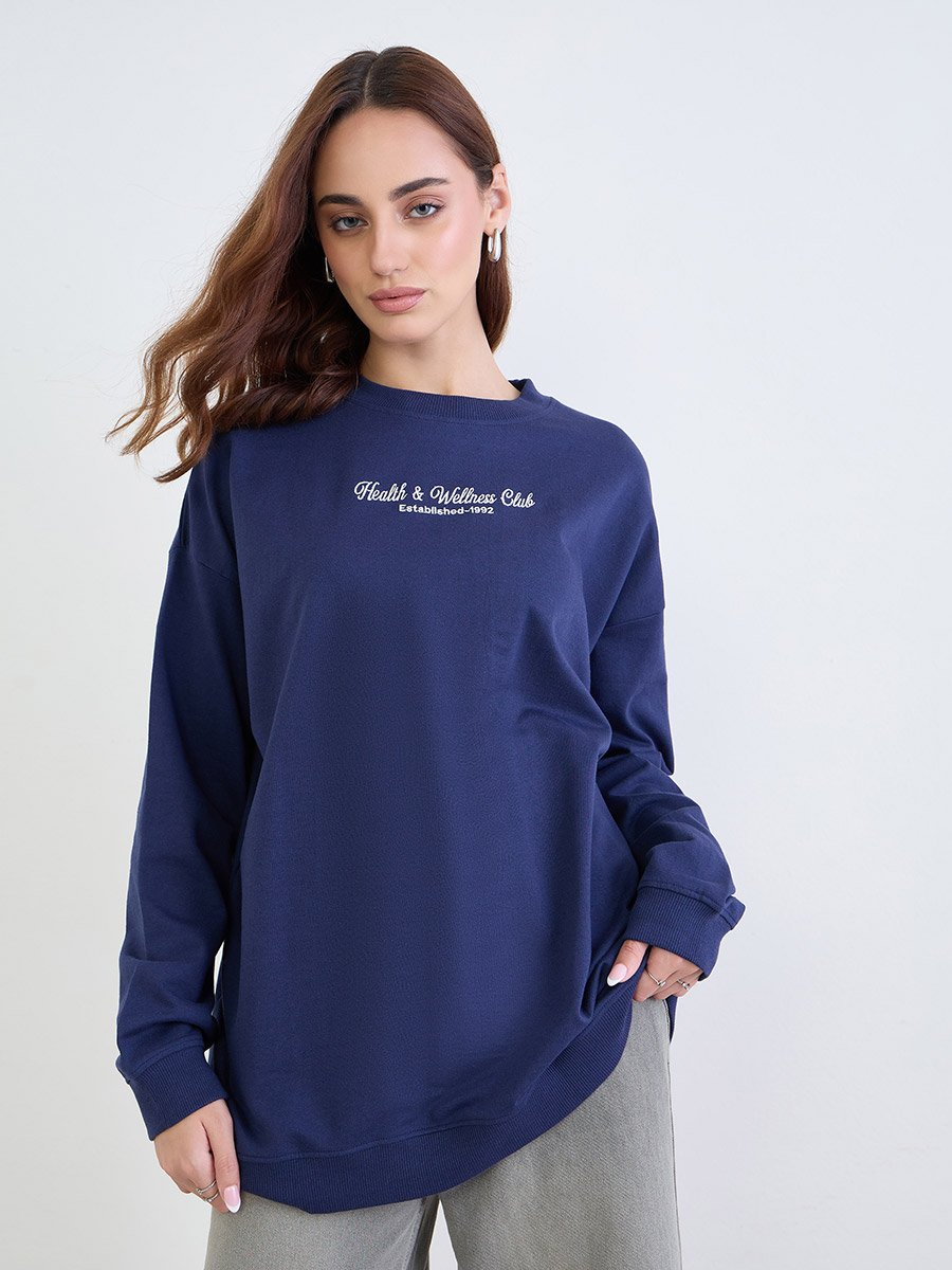 Navy Blue Embroidered Oversized Sweatshirt