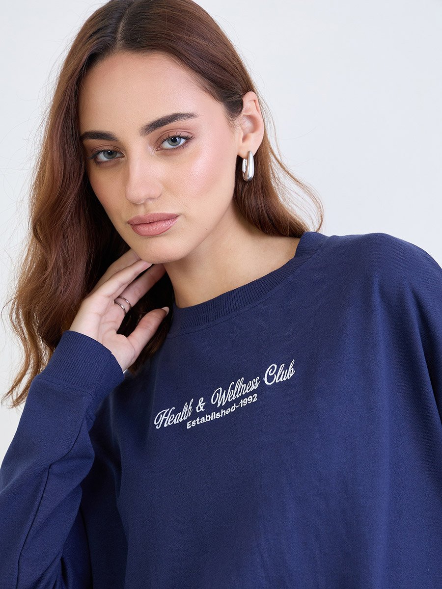 Navy Blue Embroidered Oversized Sweatshirt