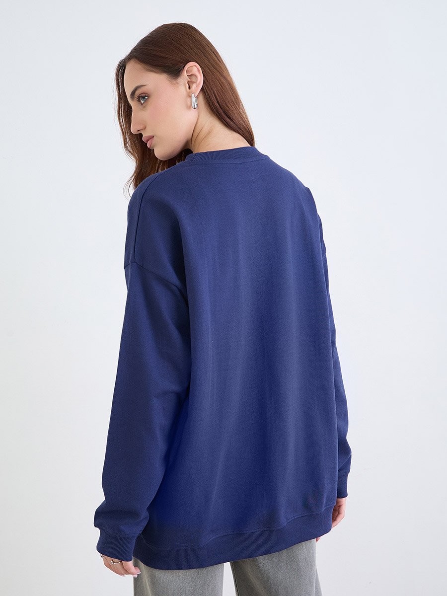 Navy Blue Embroidered Oversized Sweatshirt