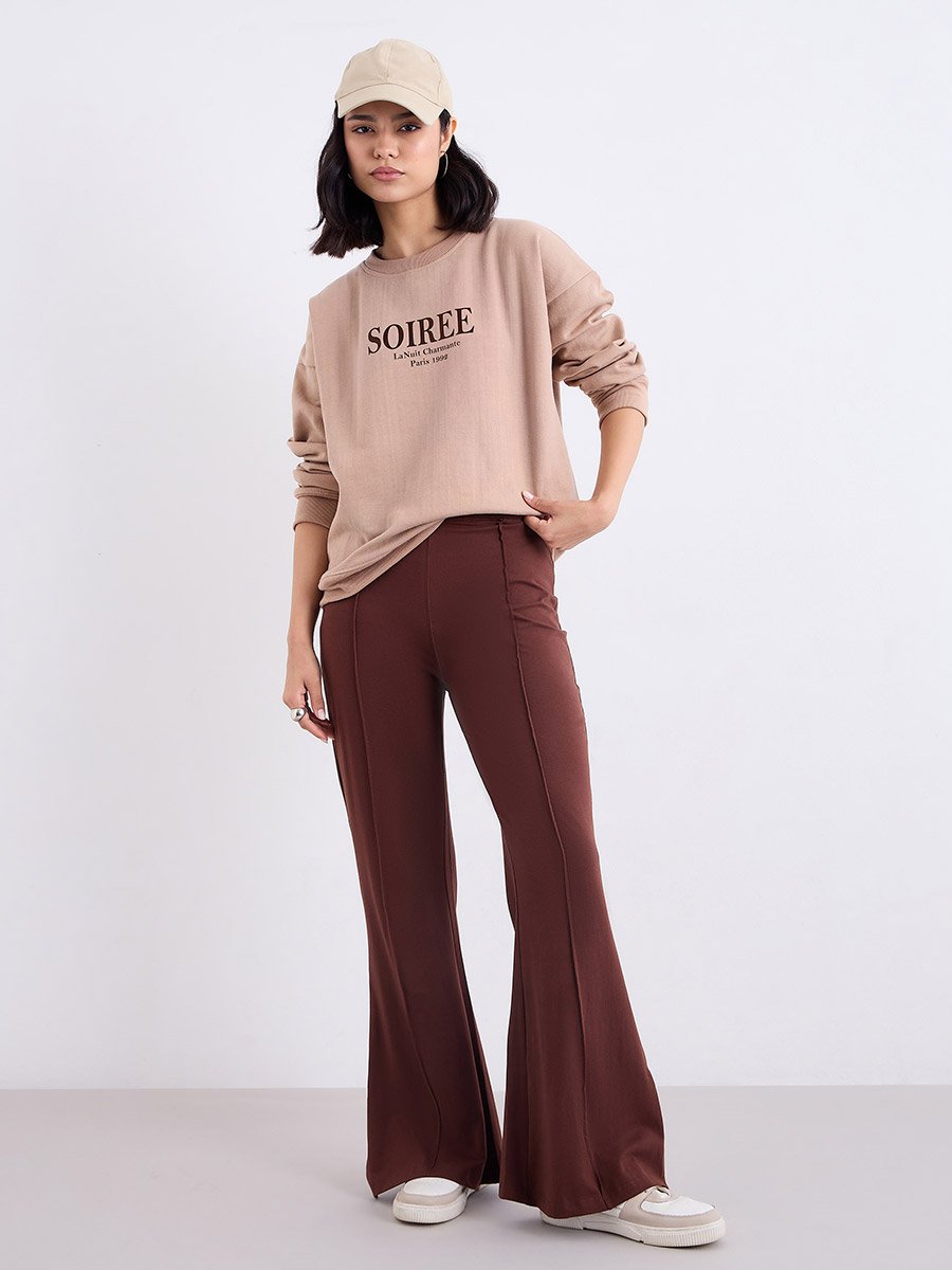 Women Tan Oversized Slogan Print Sweatshirt