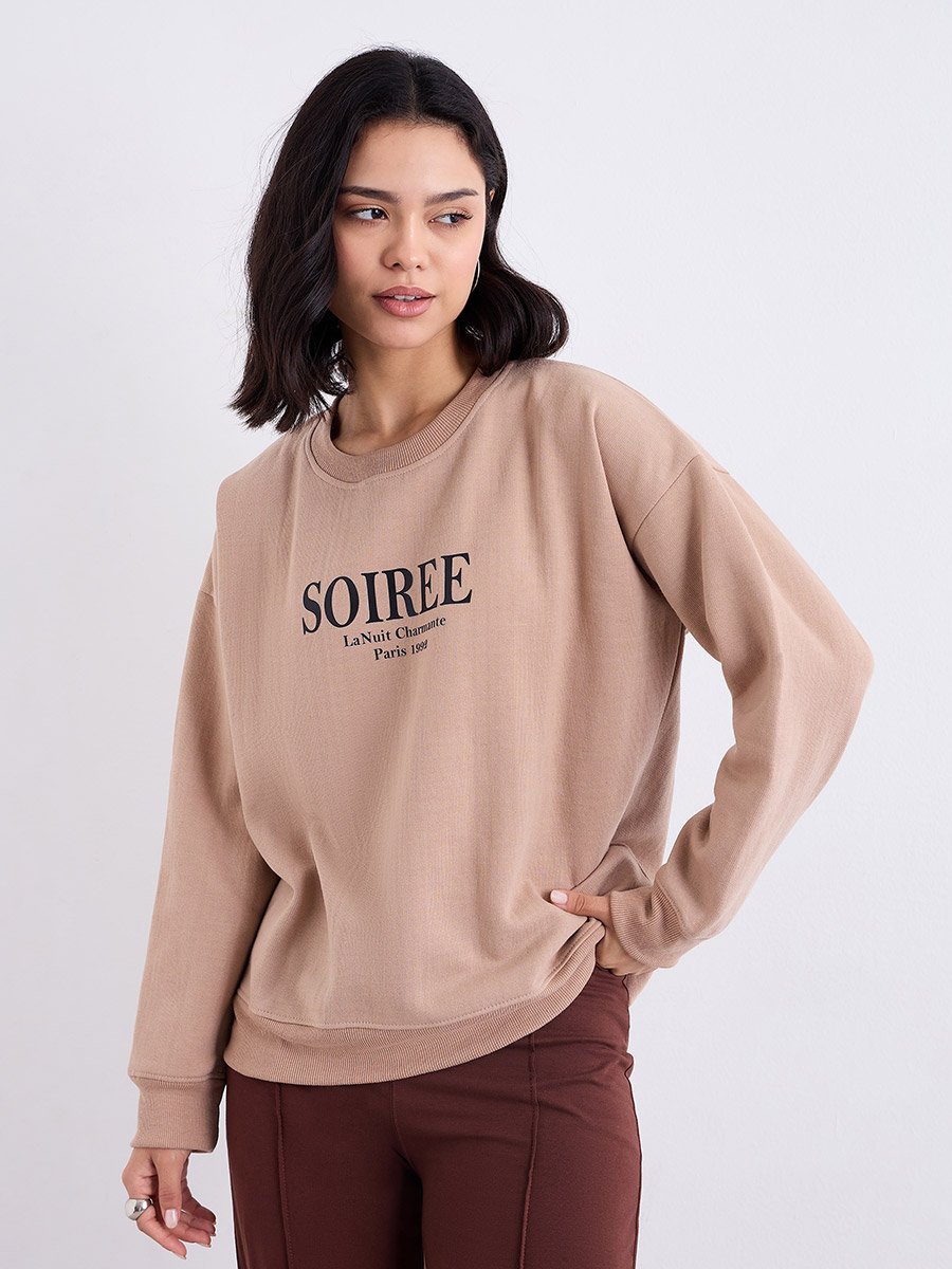 Women Tan Oversized Slogan Print Sweatshirt