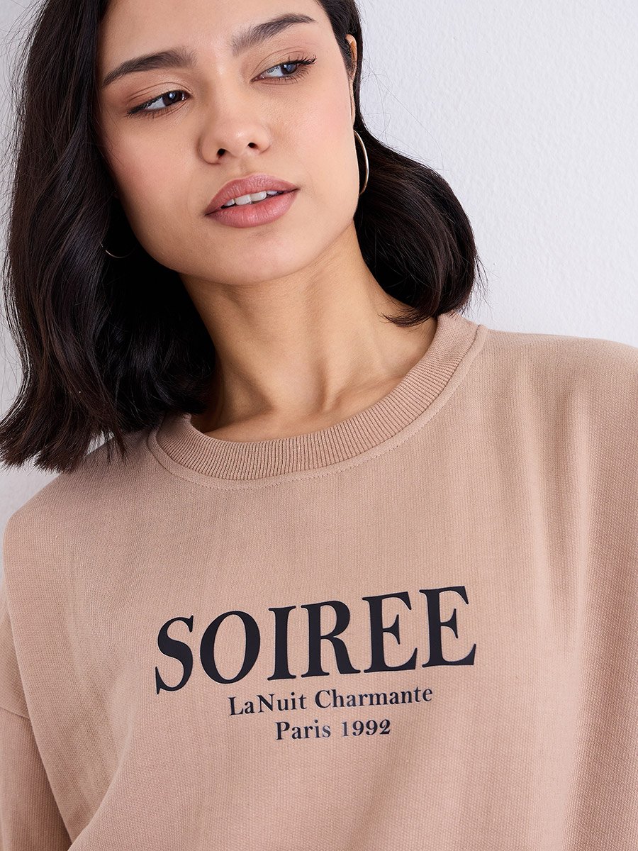 Women Tan Oversized Slogan Print Sweatshirt