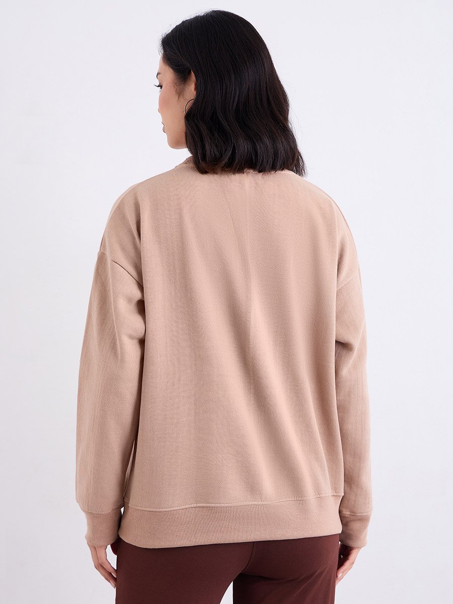 Women Tan Oversized Slogan Print Sweatshirt