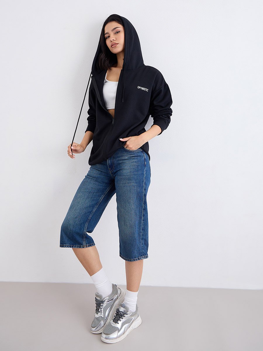 Oversized Longline Zip Through Slogan Hoodie