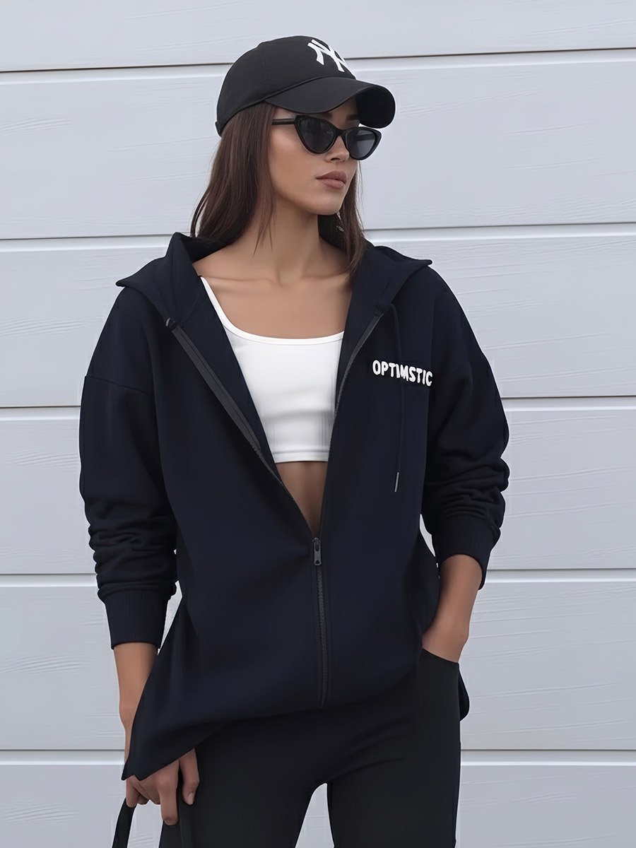 Oversized Longline Zip Through Slogan Hoodie