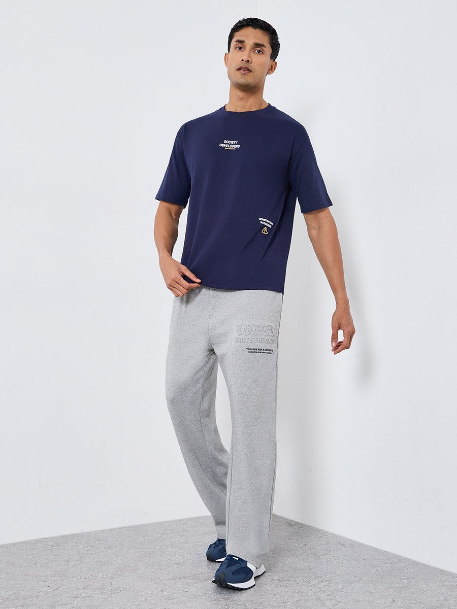 Men Grey Embossed Interlock Relaxed Joggers