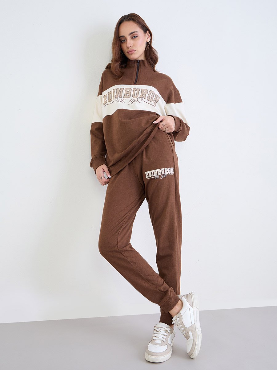 Brown Regular Fit Longline Sweatshirt and Cuffed Jogger Co-Ords