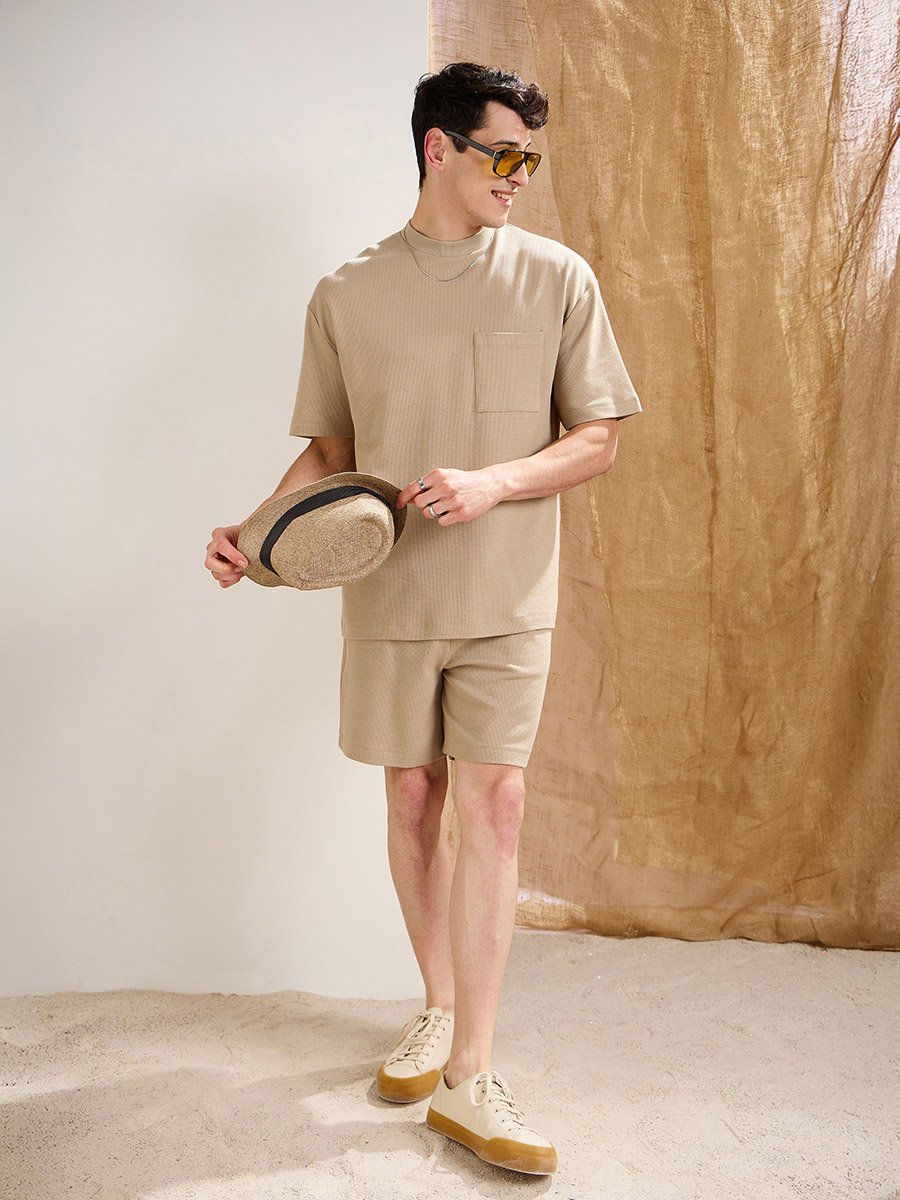 Men Khaki Waffle Textured Pocket Detail Oversized T-Shirt and Shorts Co-Ords
