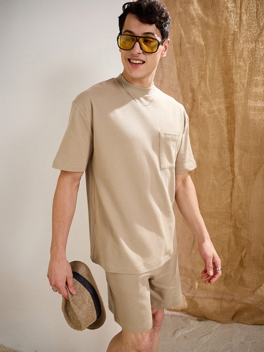 Men Khaki Waffle Textured Pocket Detail Oversized T-Shirt and Shorts Co-Ords