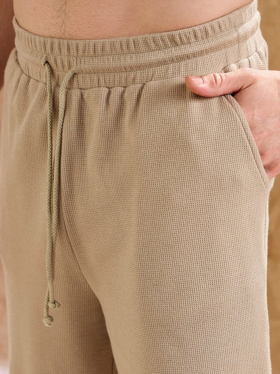 Men Khaki Waffle Textured Pocket Detail Oversized T-Shirt and Shorts Co-Ords