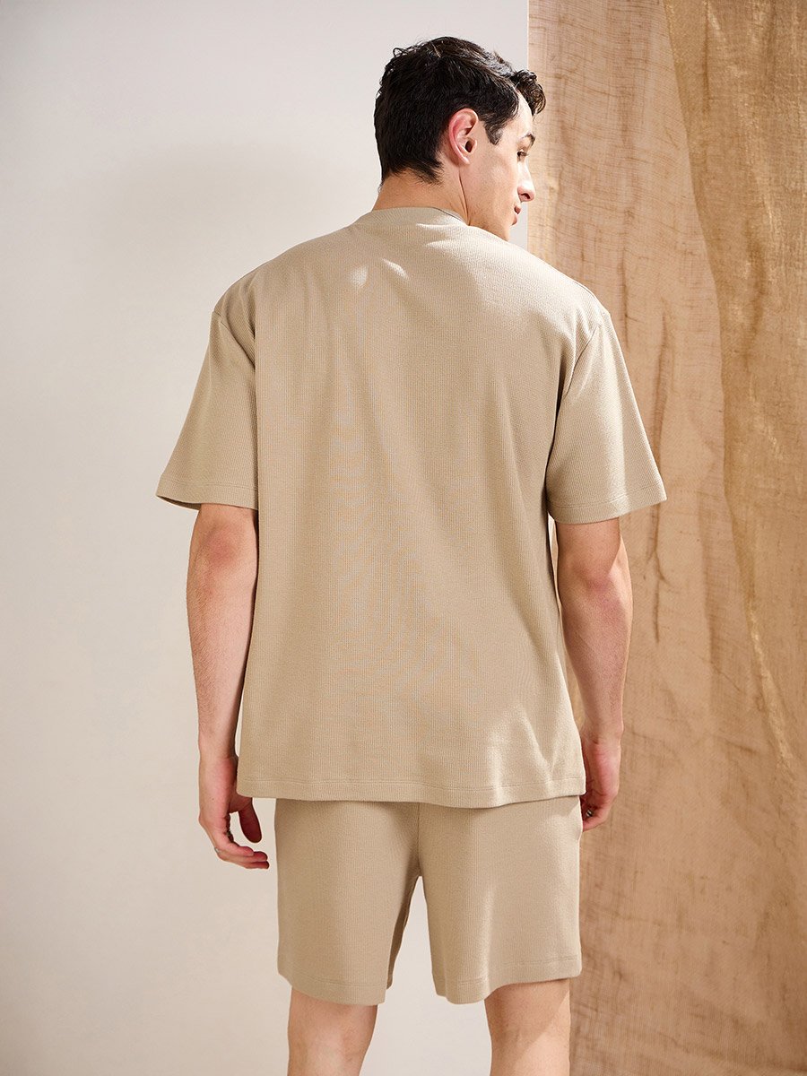 Men Khaki Waffle Textured Pocket Detail Oversized T-Shirt and Shorts Co-Ords