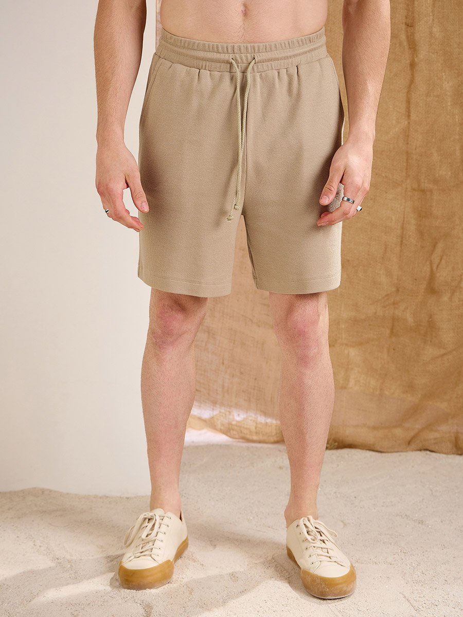 Men Khaki Waffle Textured Pocket Detail Oversized T-Shirt and Shorts Co-Ords