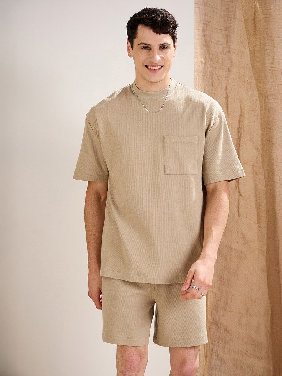 Men Khaki Waffle Textured Pocket Detail Oversized T-Shirt and Shorts Co-Ords