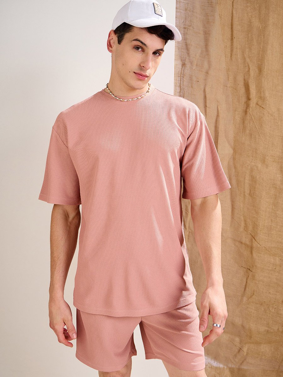 Men Pink Waffle Textured Oversized T-Shirt and Shorts Co-Ords