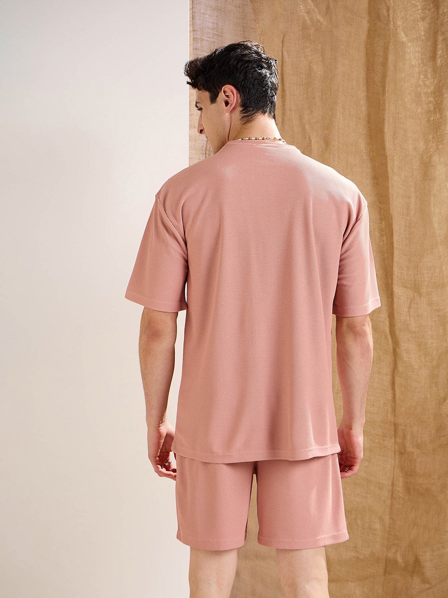 Men Pink Waffle Textured Oversized T-Shirt and Shorts Co-Ords