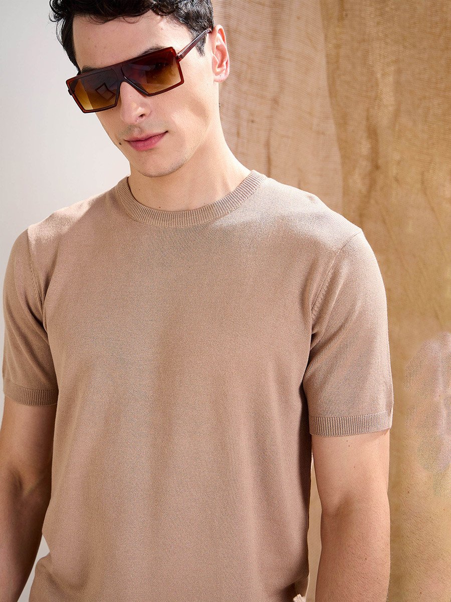 Beige Premium Knit Short Sleeve T-Shirt