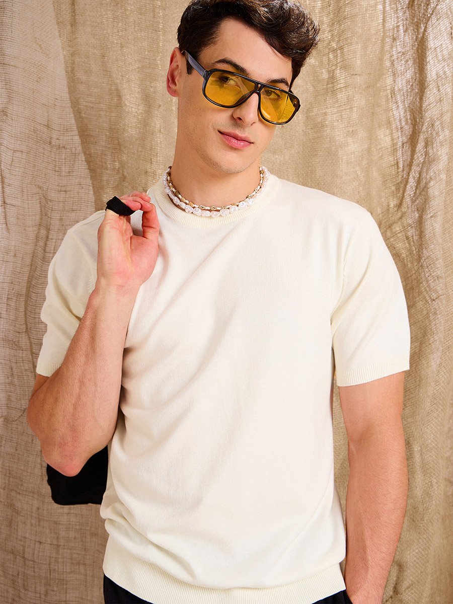 Beige Premium Knit Short Sleeve T-Shirt