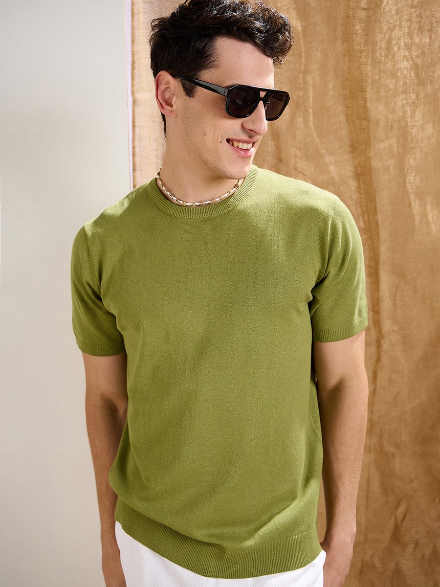 Olive Premium Knit Round Neck T-Shirt