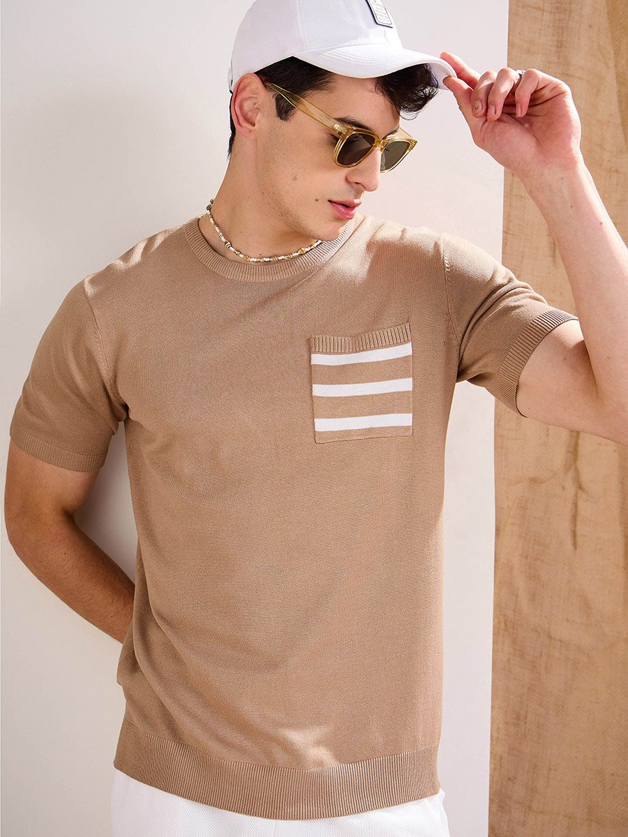 Beige Premium Knit Contrast Pocket T-Shirt