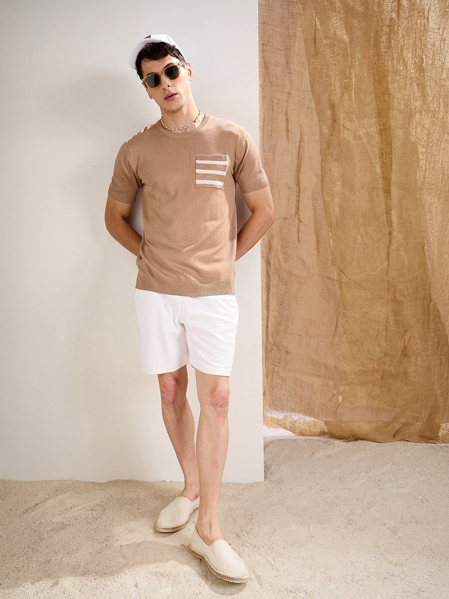 Beige Premium Knit Contrast Pocket T-Shirt