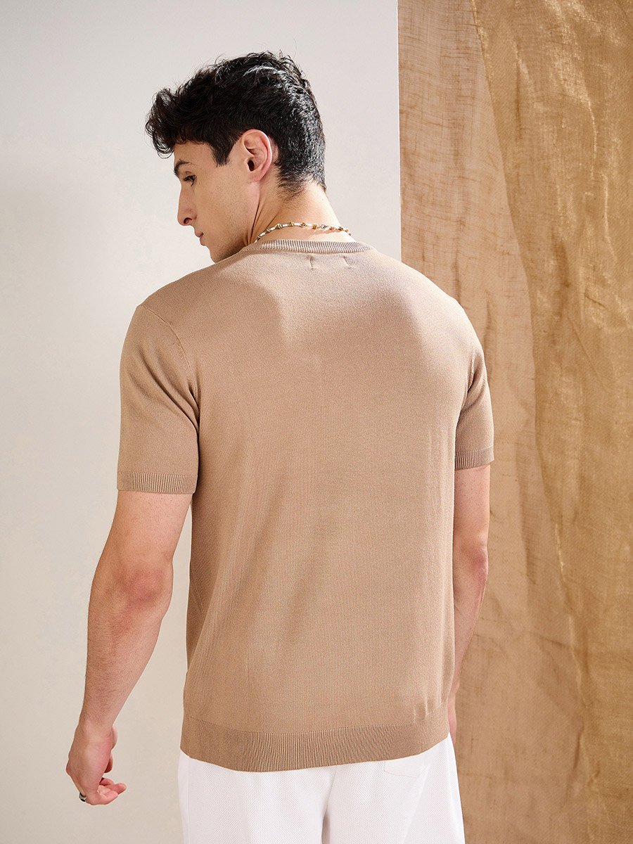Beige Premium Knit Contrast Pocket T-Shirt