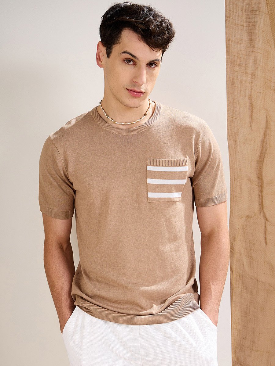 Beige Premium Knit Contrast Pocket T-Shirt
