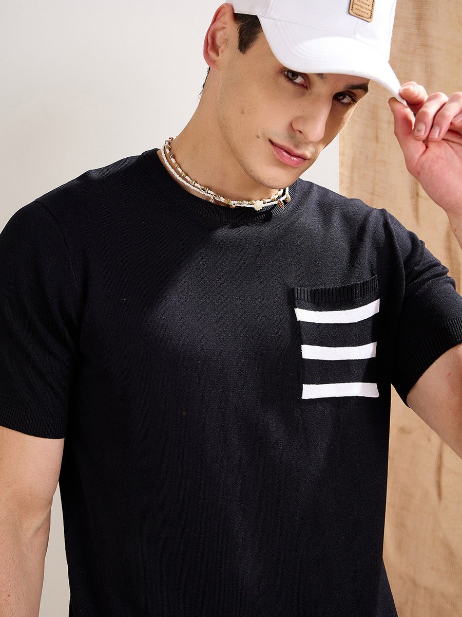 Black Premium Knit Contrast Pocket T-Shirt