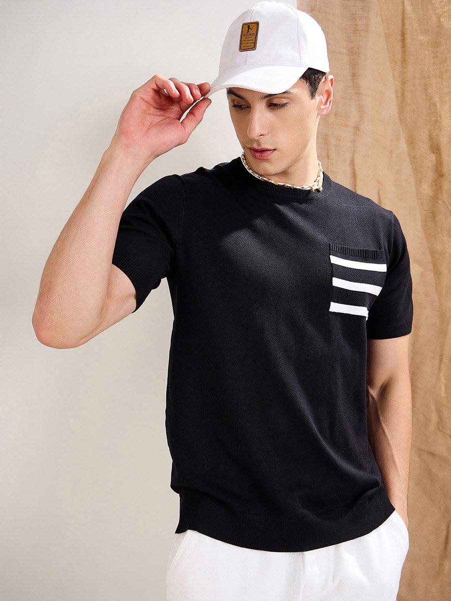 Black Premium Knit Contrast Pocket T-Shirt