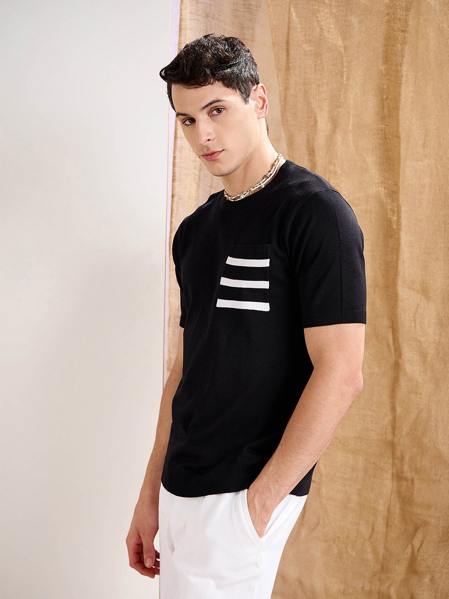 Black Premium Knit Contrast Pocket T-Shirt