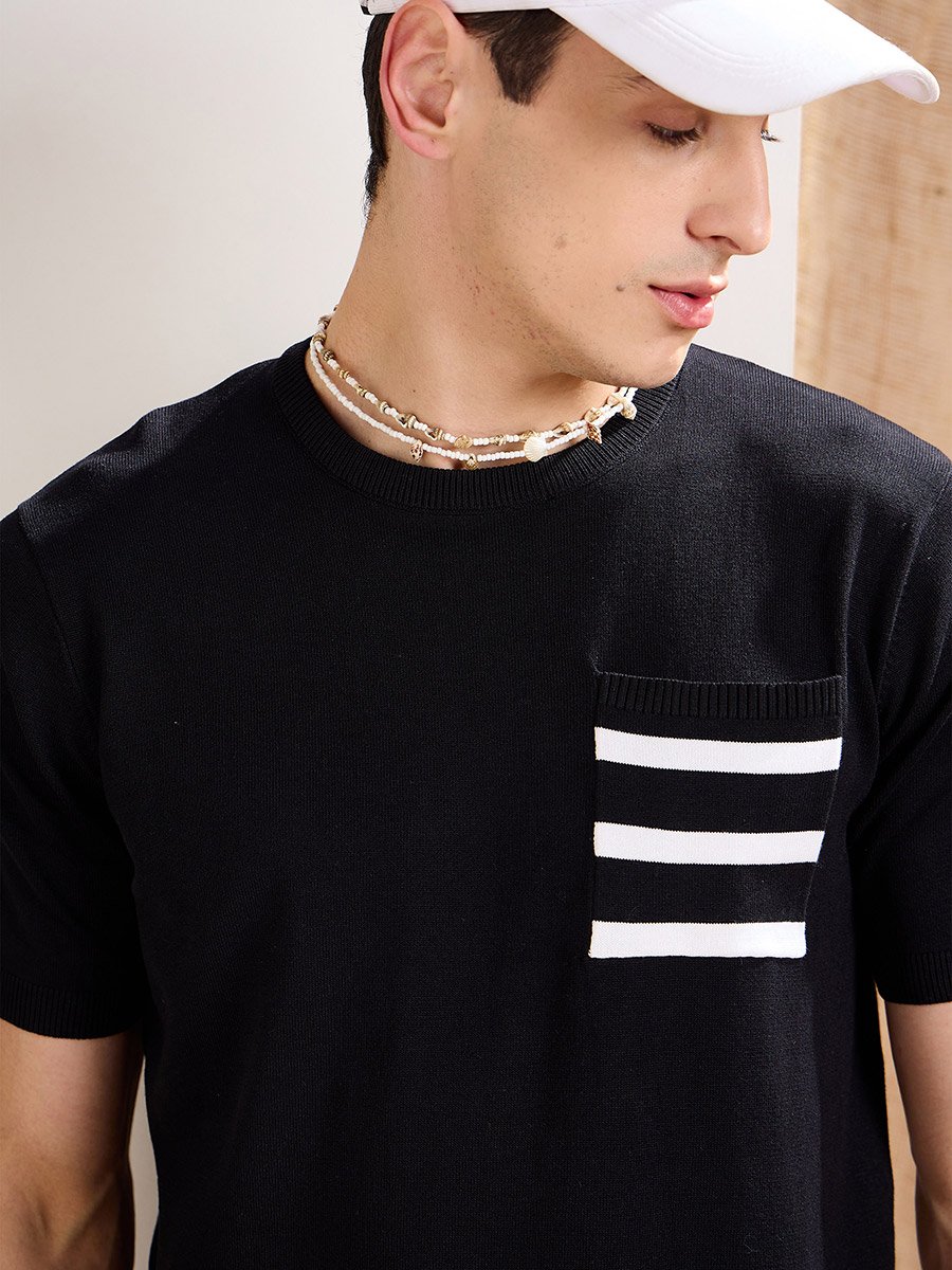 Black Premium Knit Contrast Pocket T-Shirt