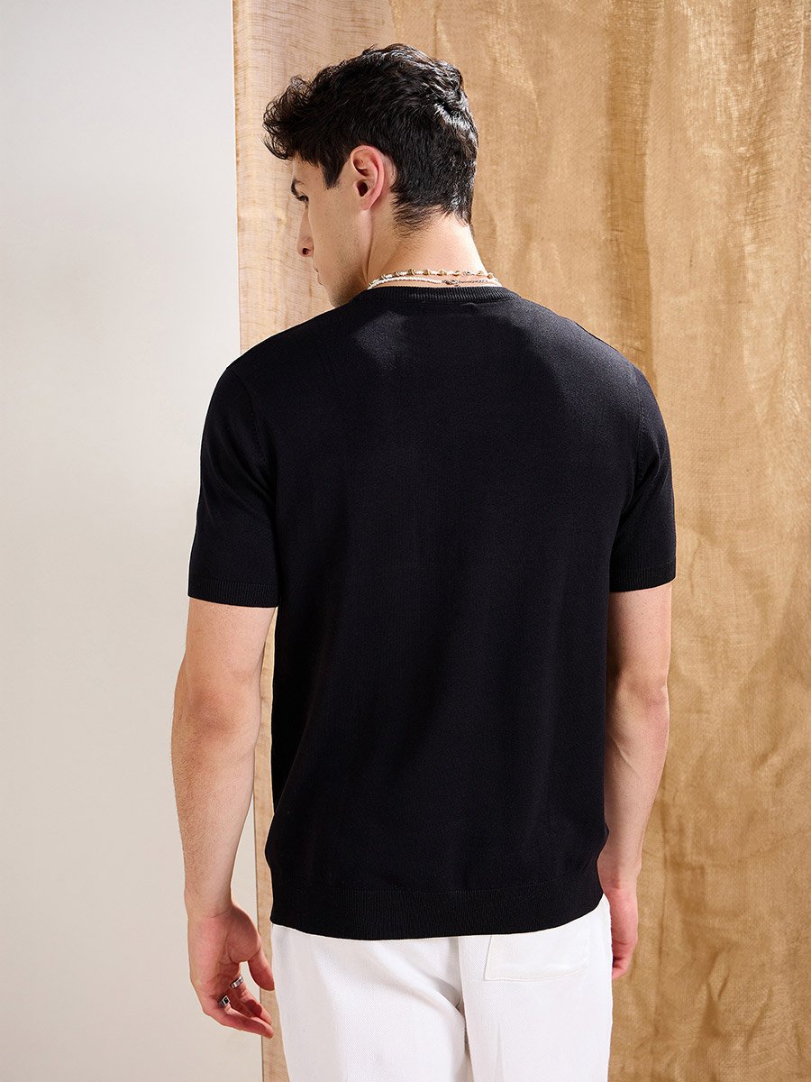 Black Premium Knit Contrast Pocket T-Shirt