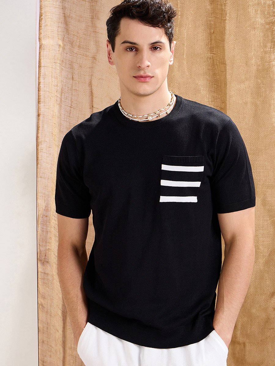 Black Premium Knit Contrast Pocket T-Shirt
