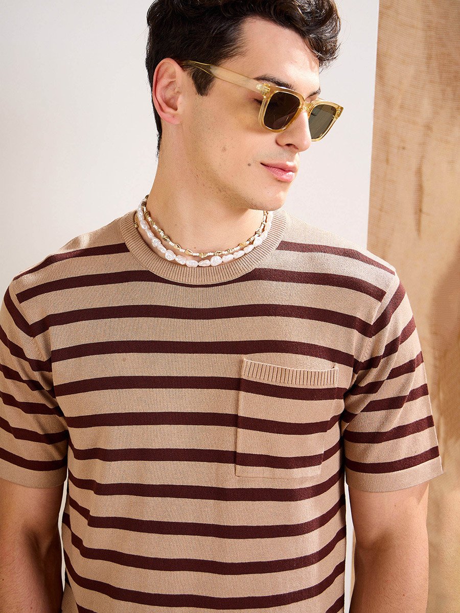 Beige and Brown Striped Premium Knit Chest Pocket T-Shirt
