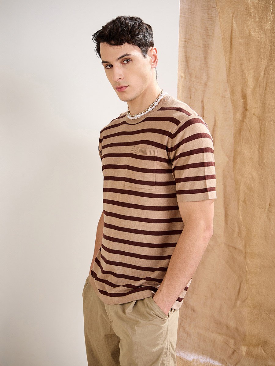 Beige and Brown Striped Premium Knit Chest Pocket T-Shirt