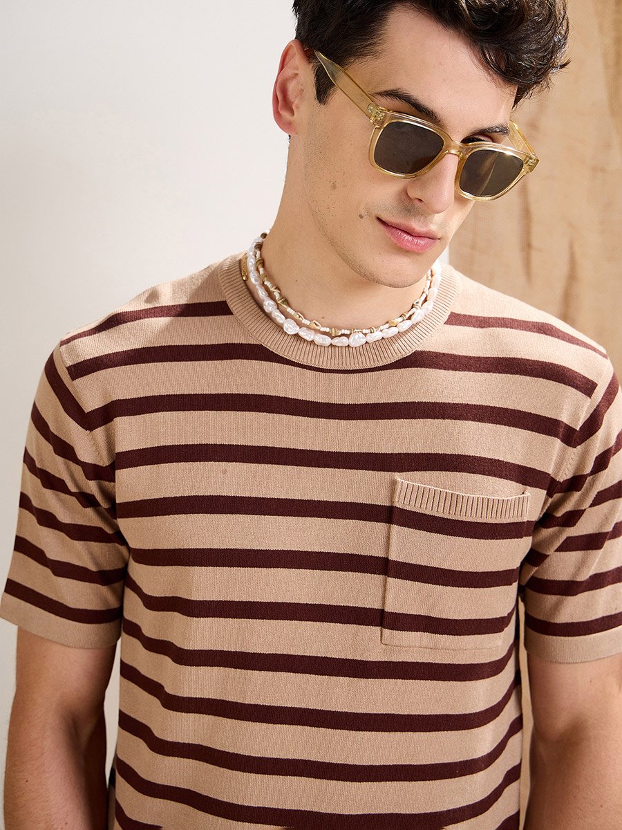 Beige and Brown Striped Premium Knit Chest Pocket T-Shirt
