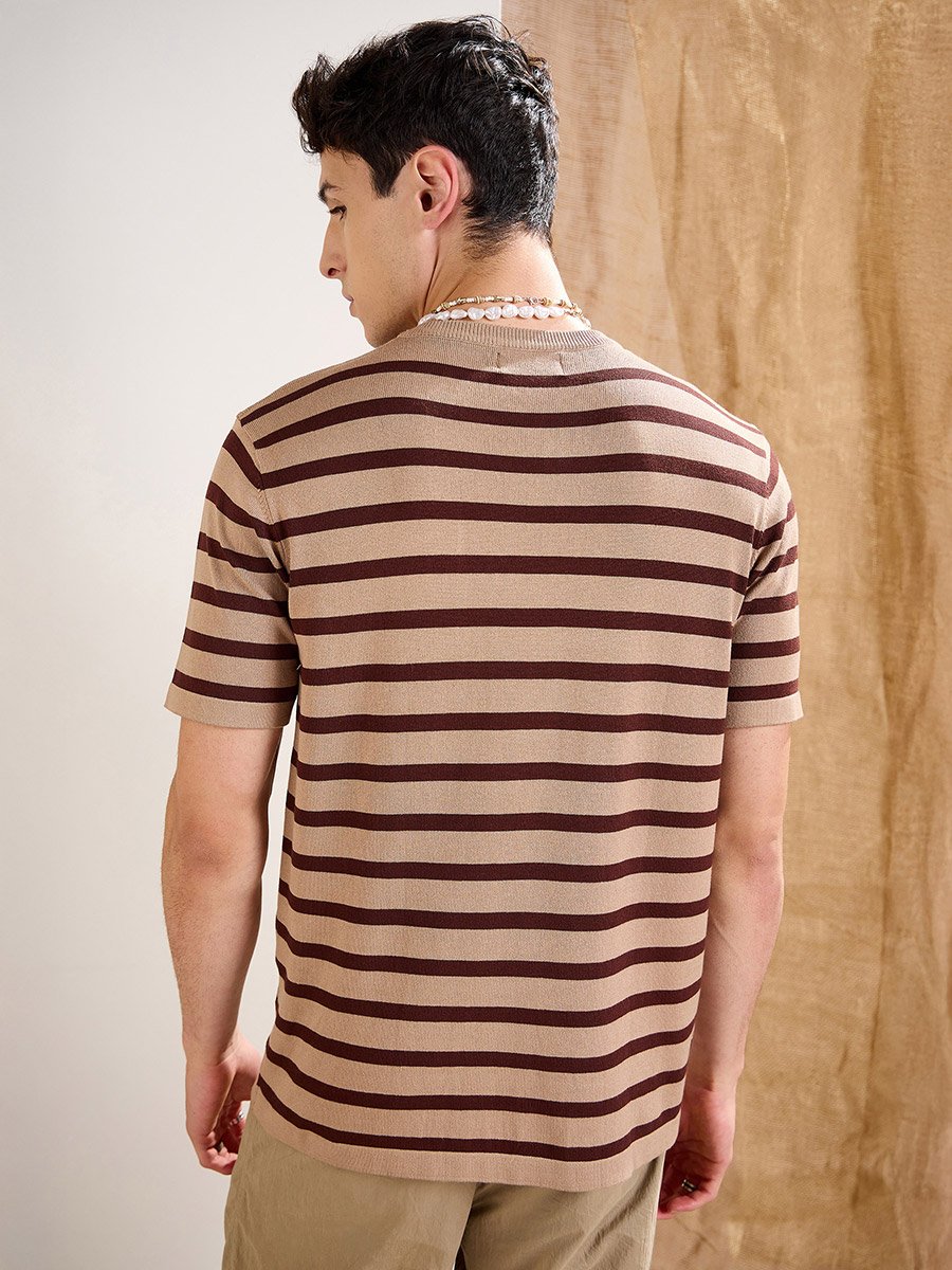 Beige and Brown Striped Premium Knit Chest Pocket T-Shirt